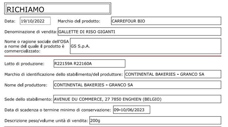 nota ufficiale richiamo gallette carrefour