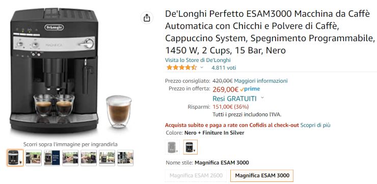 Macchina da caffè De Longhi offerta Amazon 