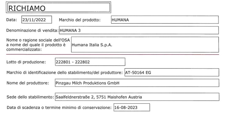 richiamo latte humana