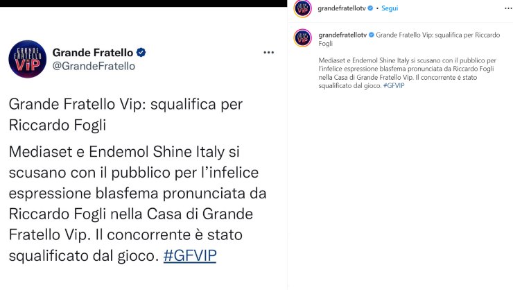 GF Vip 7 Riccardo Fogli bestemmia espulso